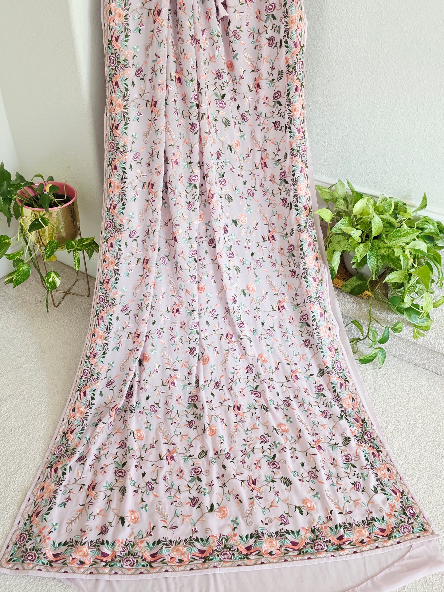 Parsi Gara Viscose Georgette Saree in Pastel Blush Pink with Multicolor Floral Embroidery
