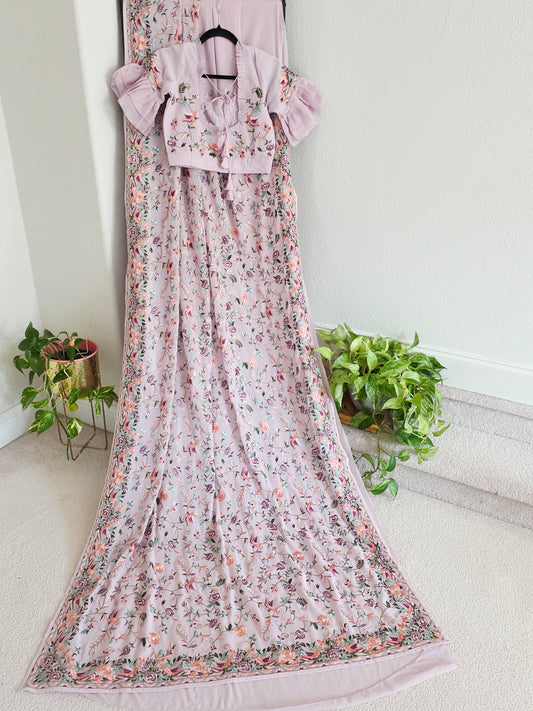 Parsi Gara Viscose Georgette Saree in Pastel Blush Pink with Multicolor Floral Embroidery | Size 34–40 | Ready to Wear