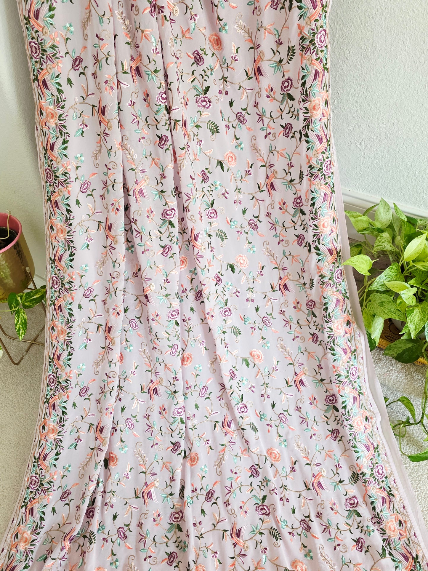 Parsi Gara Viscose Georgette Saree in Pastel Blush Pink with Multicolor Floral Embroidery
