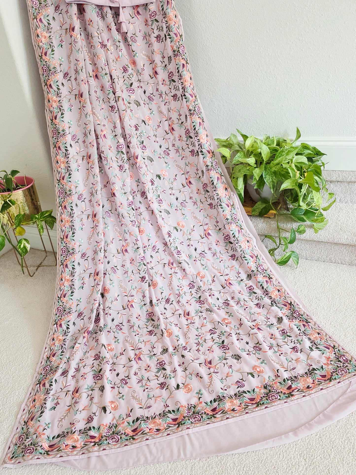 Parsi Gara Viscose Georgette Saree in Pastel Blush Pink with Multicolor Floral Embroidery
