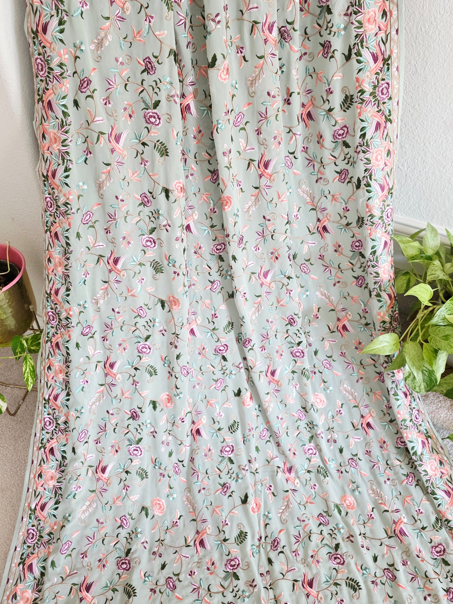 Parsi Gara Viscose Georgette Saree in Sage Green with Multicolor Floral Embroidery