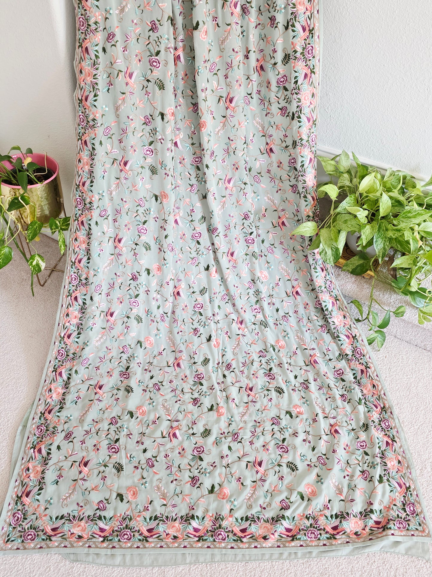 Parsi Gara Viscose Georgette Saree in Sage Green with Multicolor Floral Embroidery