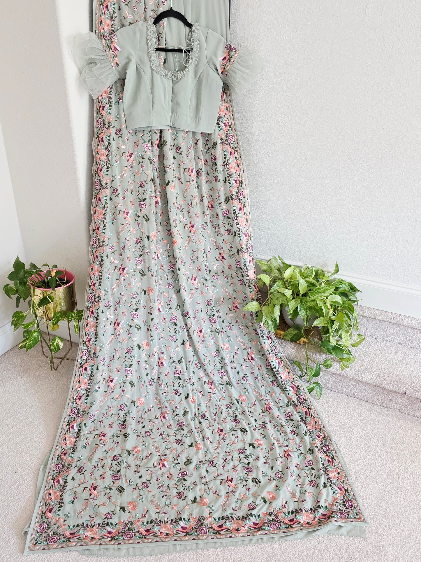 Parsi Gara Viscose Georgette Saree in Sage Green with Multicolor Floral Embroidery