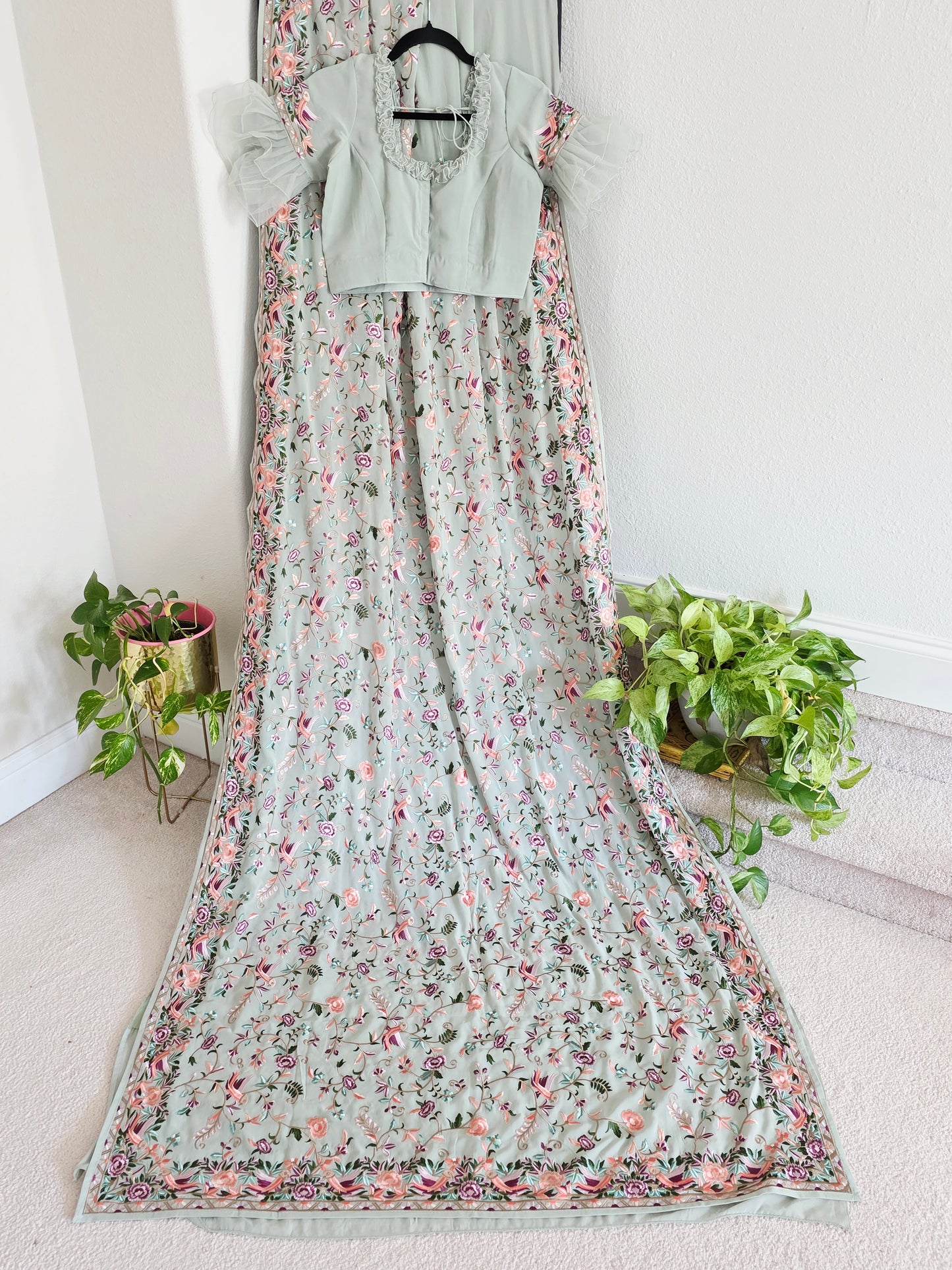 Parsi Gara Viscose Georgette Saree in Sage Green with Multicolor Floral Embroidery