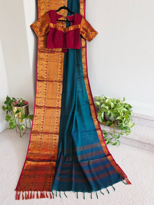Narayanpet Cotton Saree in Teal Blue & Maroon with Gold Zari Border | Size 38–44 | Ready to Wear