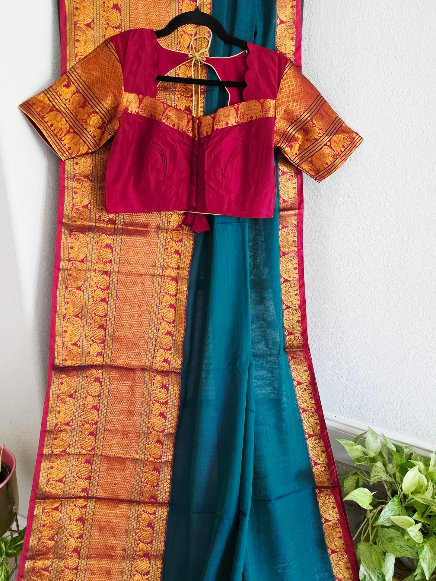 Narayanpet Cotton Saree in Teal Blue & Maroon with Gold Zari Border