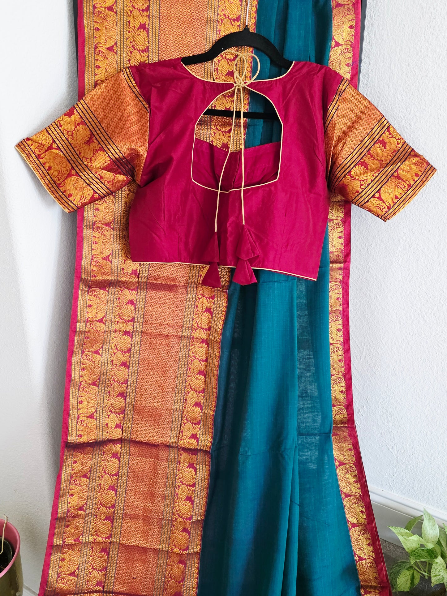 Narayanpet Cotton Saree in Teal Blue & Maroon with Gold Zari Border
