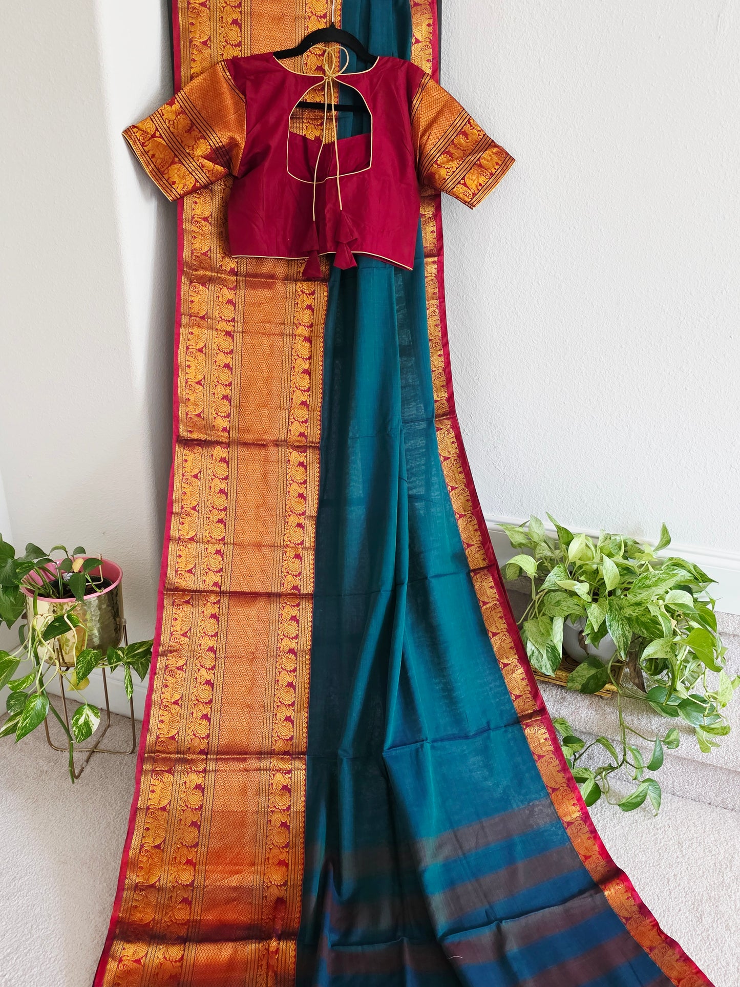 Narayanpet Cotton Saree in Teal Blue & Maroon with Gold Zari Border