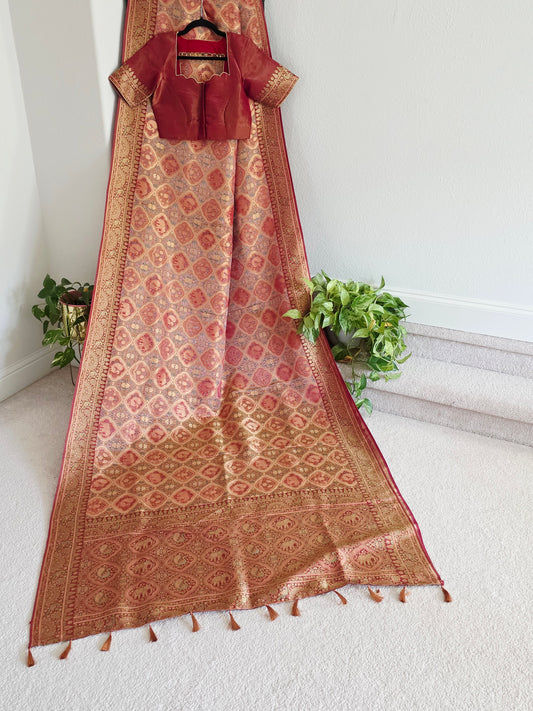 Premium Benarasi Silk Saree with Stitched Blouse | Peach Rose Gold