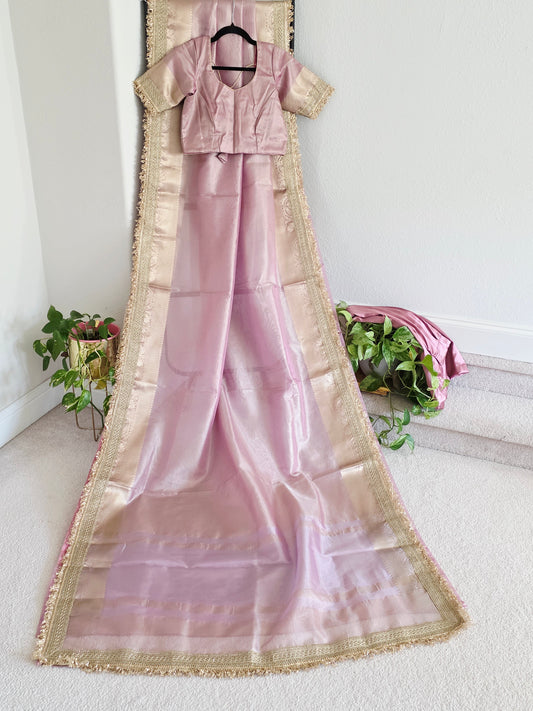 Maharani Style Blush Pink Semi Tissue Saree with Stitched Blouse & Satin Petticoat | Size 36 Extends To 42