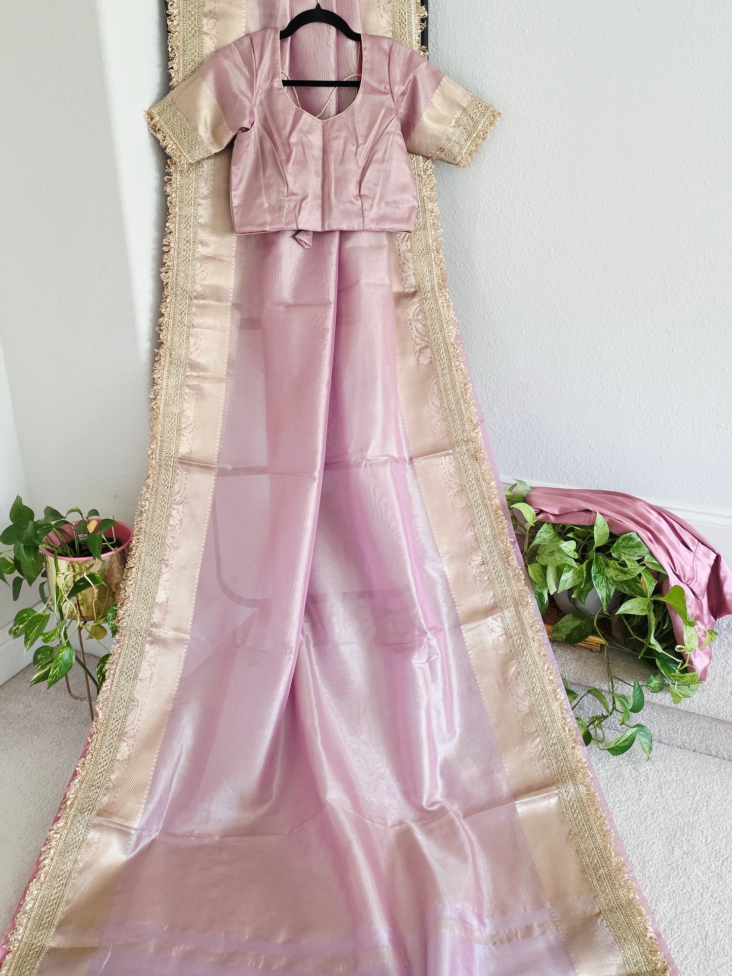 Maharani Style Blush Pink Semi Tissue Saree with Stitched Blouse & Satin Petticoat