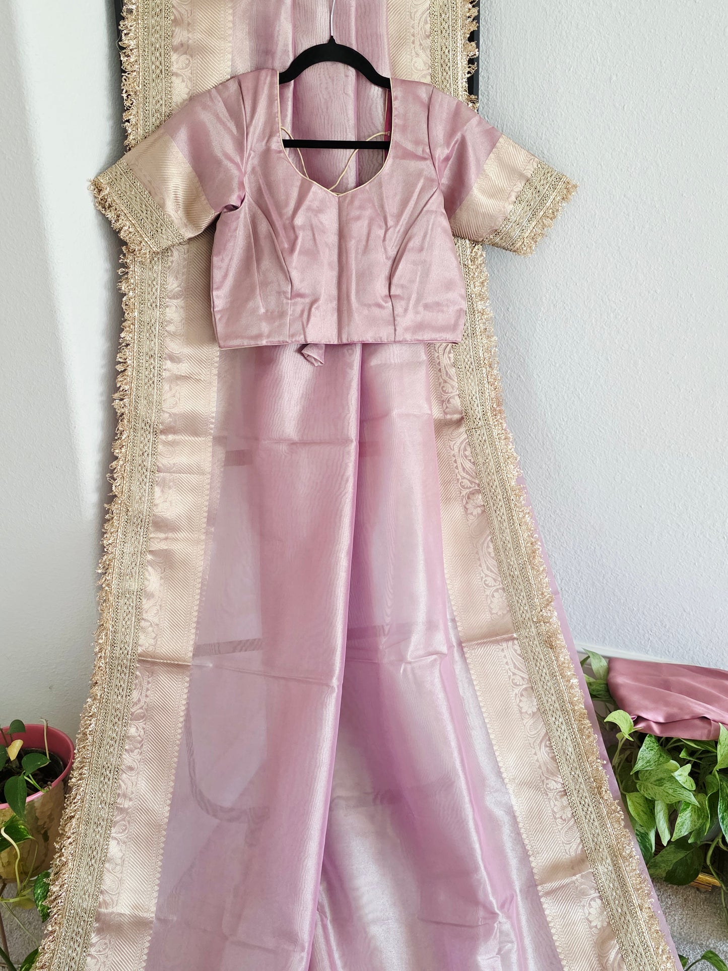 Maharani Style Blush Pink Semi Tissue Saree with Stitched Blouse & Satin Petticoat