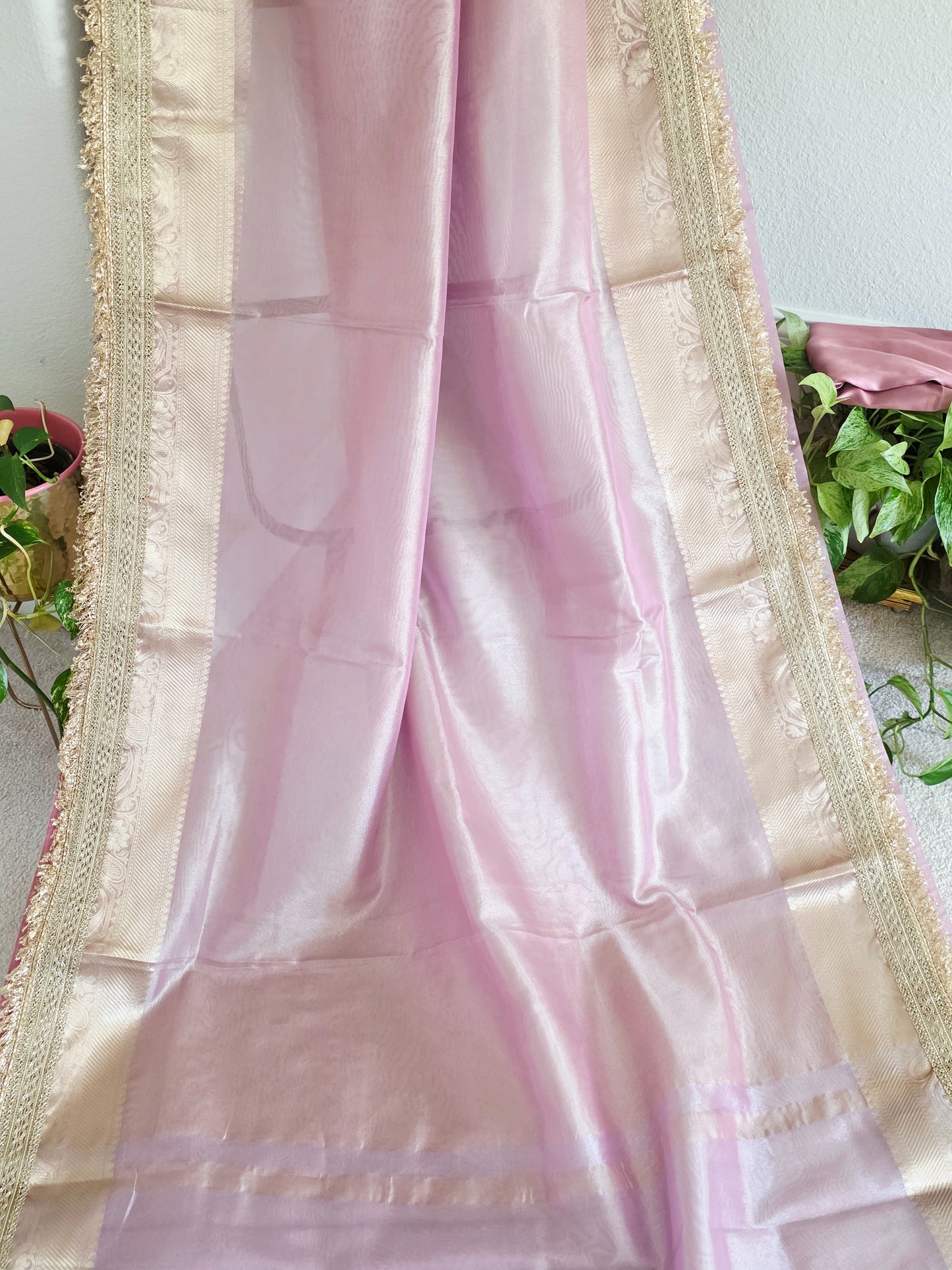 Maharani Style Blush Pink Semi Tissue Saree with Stitched Blouse & Satin Petticoat