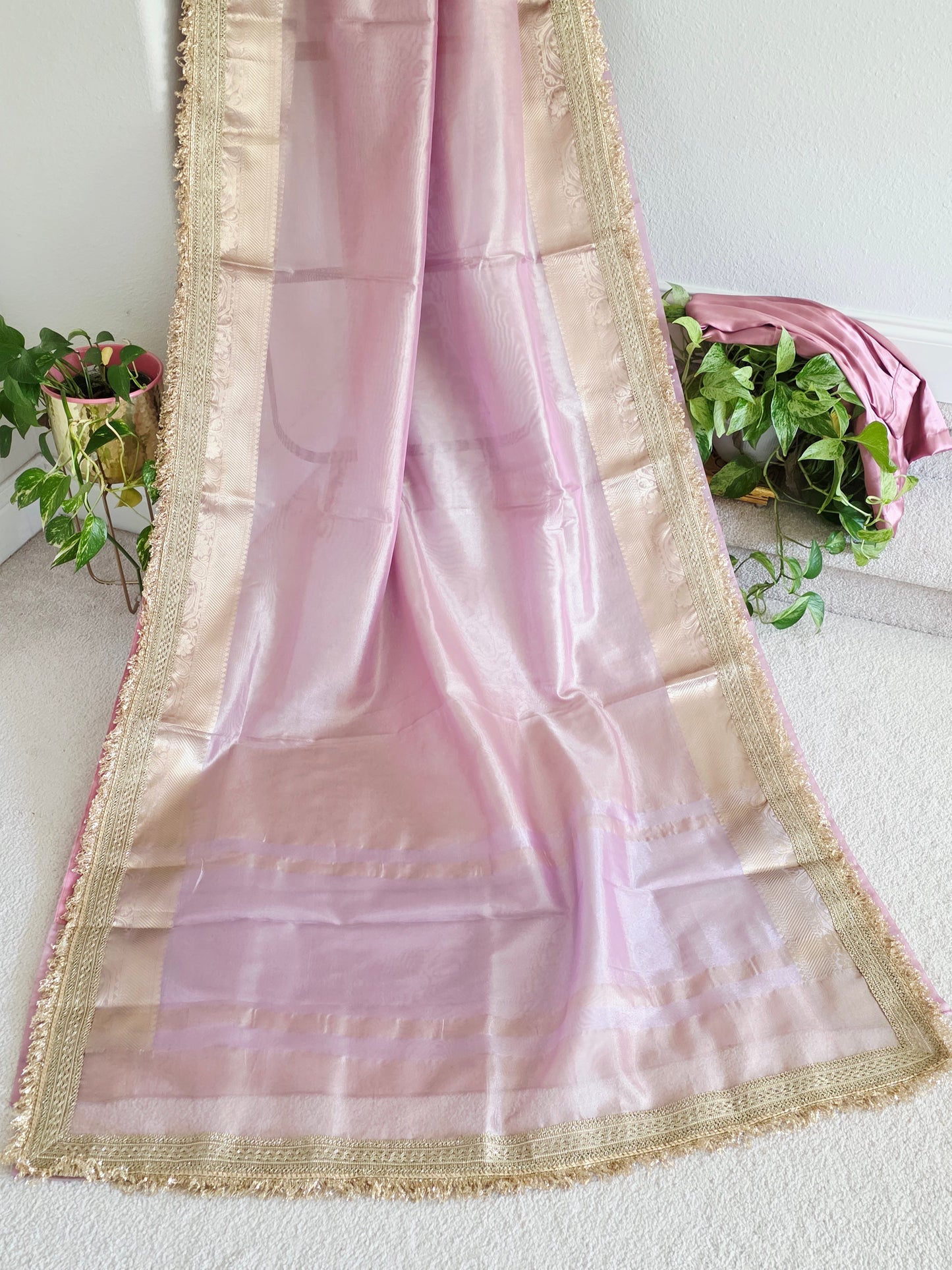 Maharani Style Blush Pink Semi Tissue Saree with Stitched Blouse & Satin Petticoat