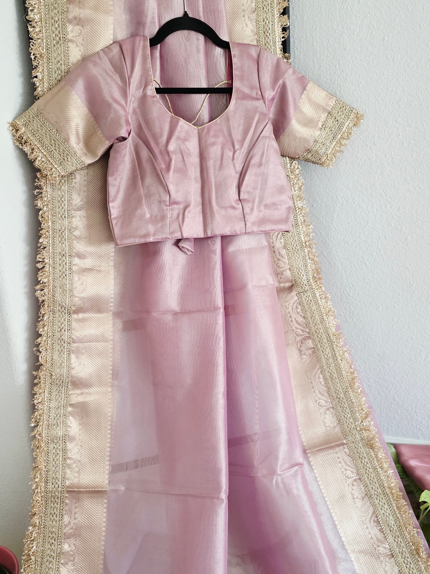Maharani Style Blush Pink Semi Tissue Saree with Stitched Blouse & Satin Petticoat