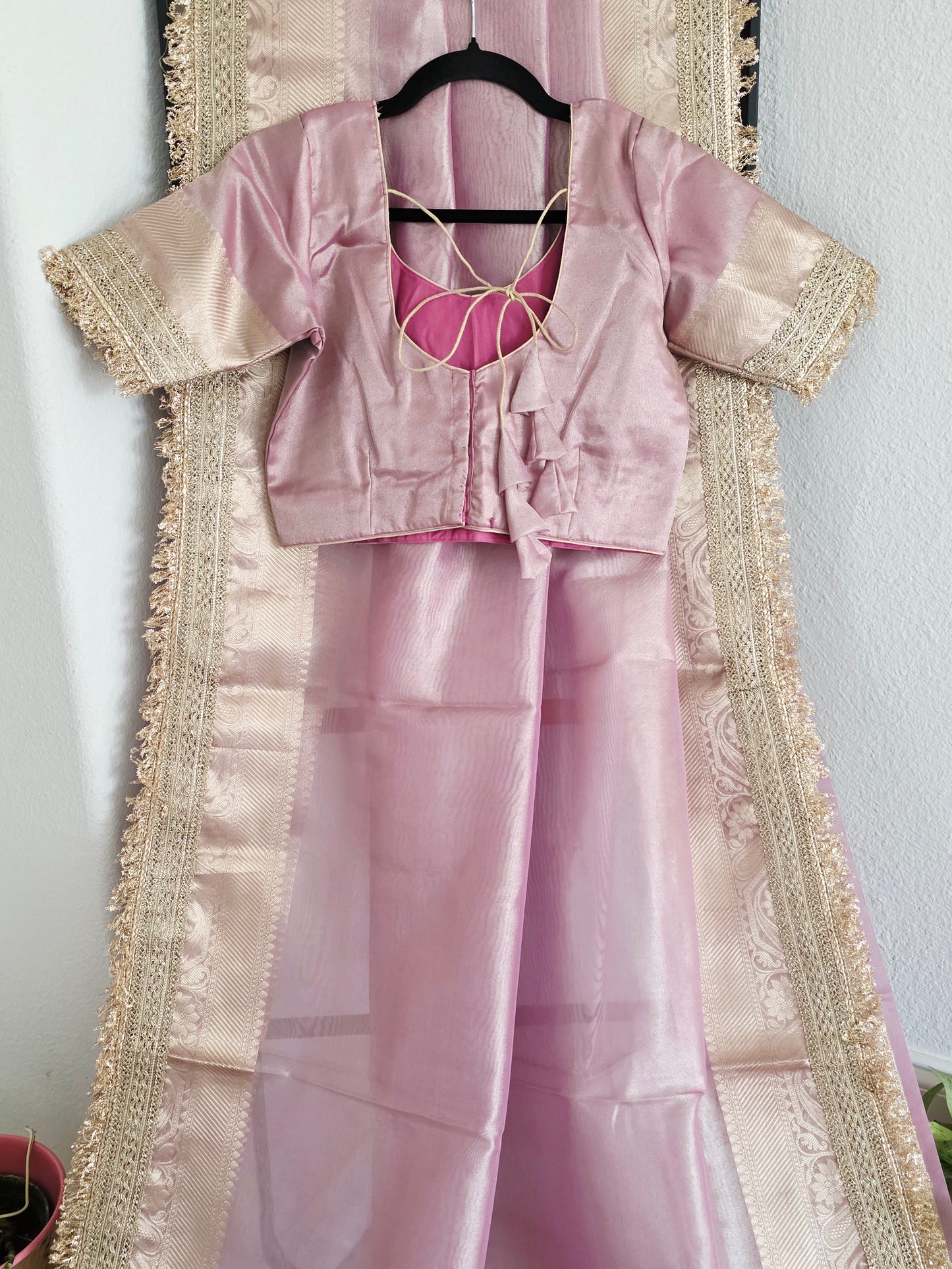 Maharani Style Blush Pink Semi Tissue Saree with Stitched Blouse & Satin Petticoat
