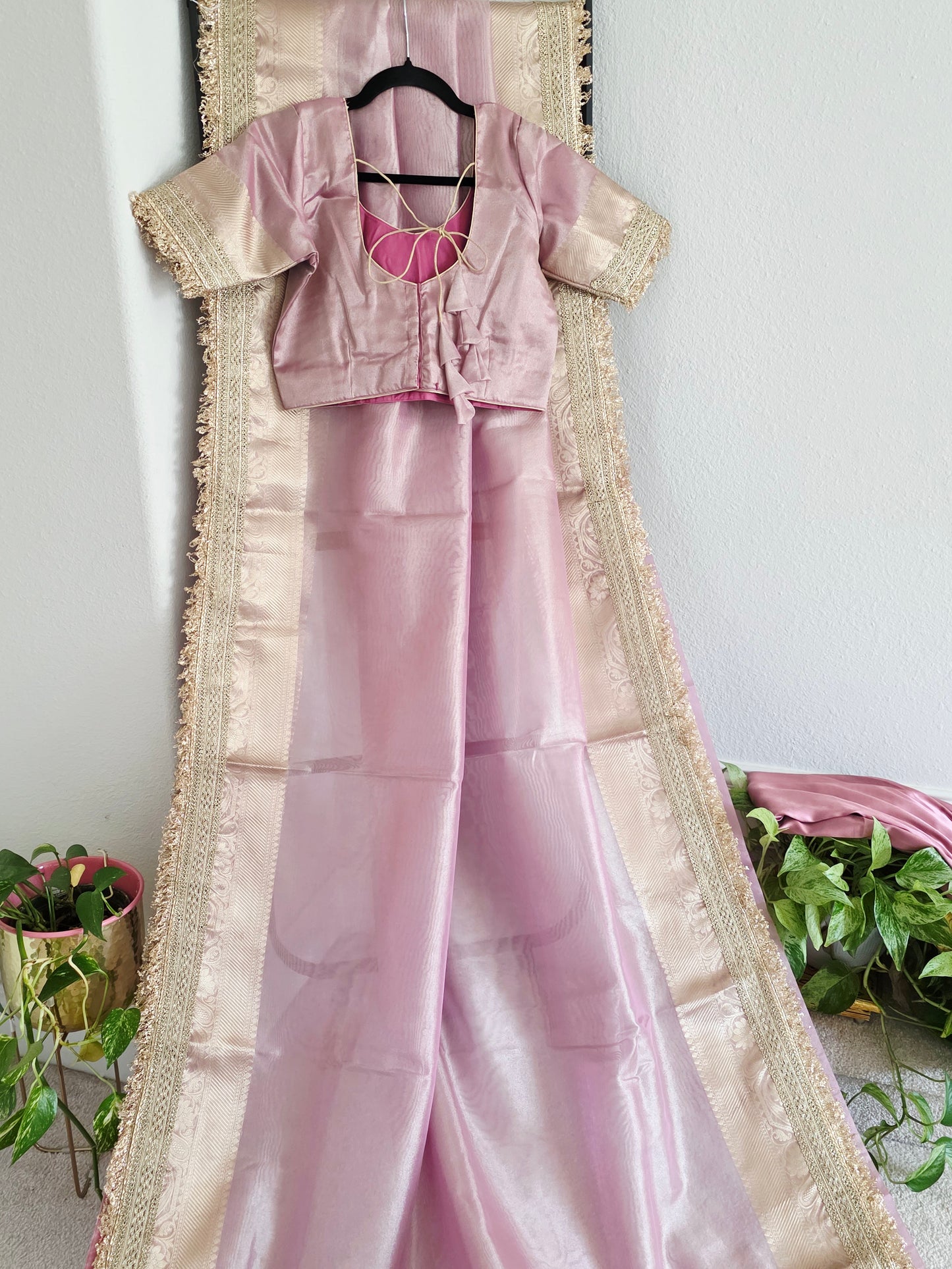 Maharani Style Blush Pink Semi Tissue Saree with Stitched Blouse & Satin Petticoat