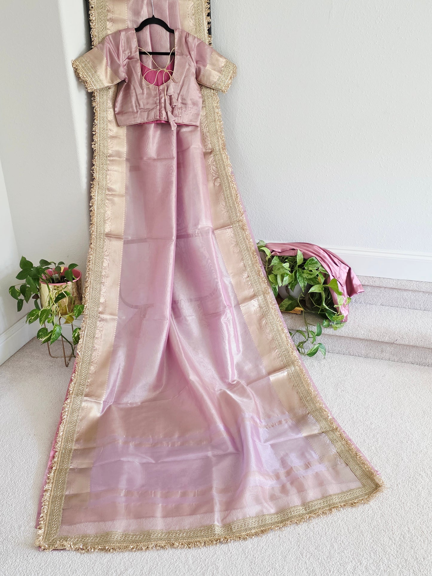 Maharani Style Blush Pink Semi Tissue Saree with Stitched Blouse & Satin Petticoat