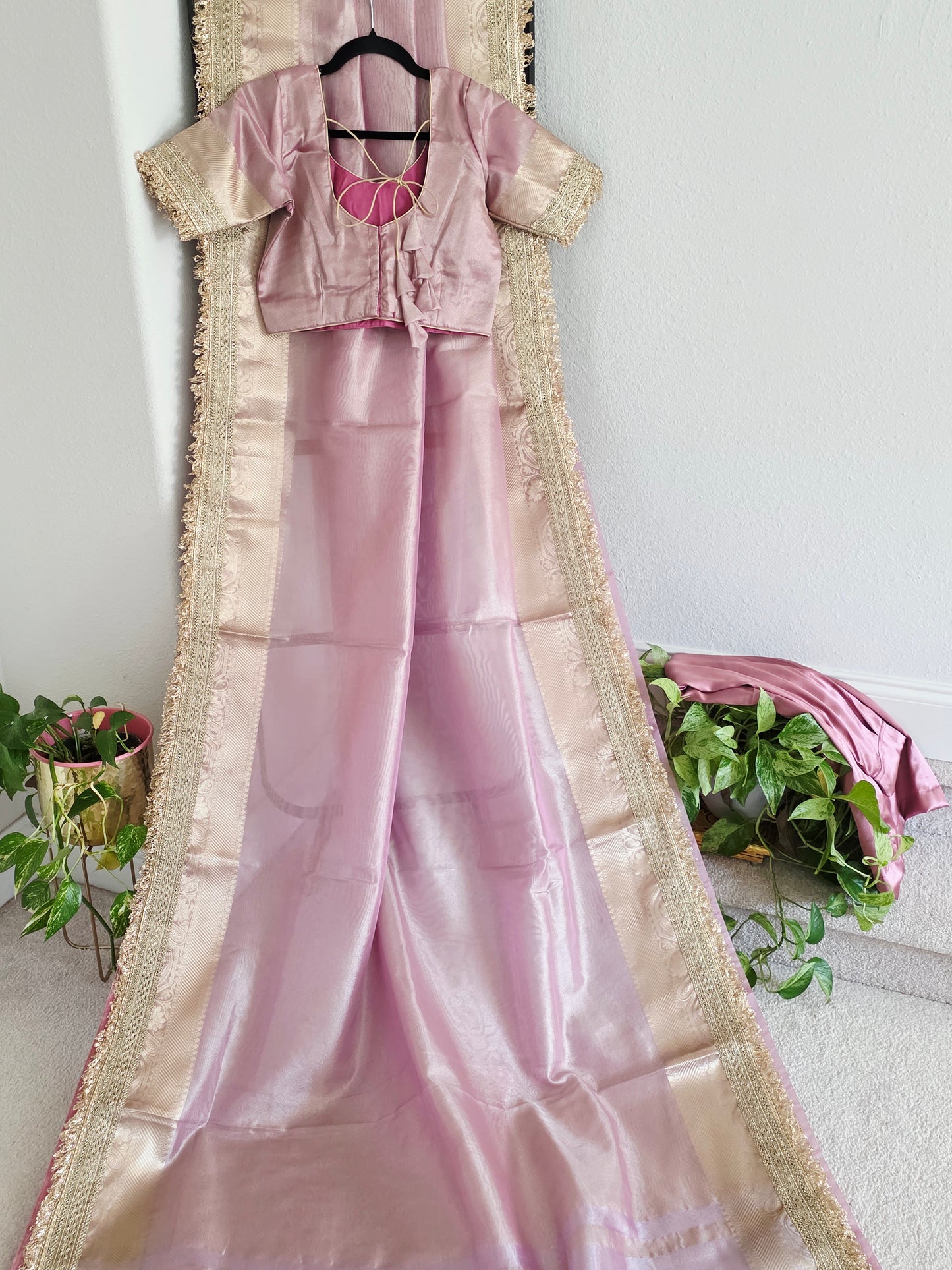 Maharani Style Blush Pink Semi Tissue Saree with Stitched Blouse & Satin Petticoat