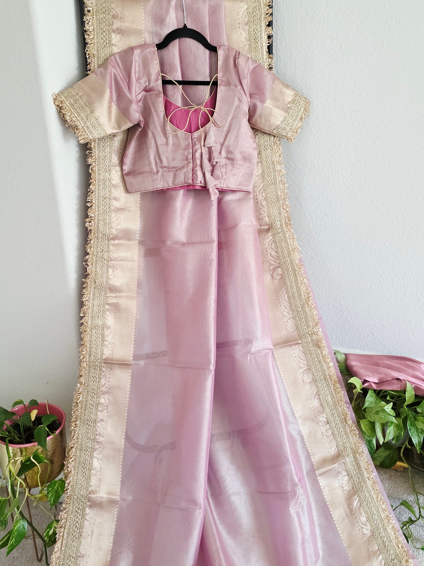 Maharani Style Blush Pink Semi Tissue Saree with Stitched Blouse & Satin Petticoat