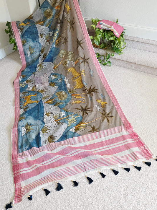 Digital Print Soft Khadi Cotton Handloom Saree with Blouse Piece