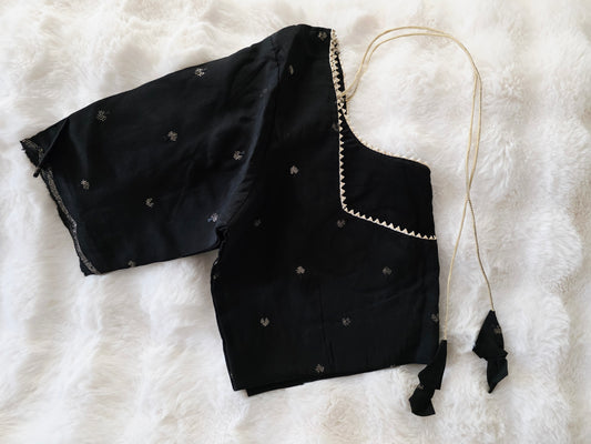 Size 42 Extends To 48. Black Chinon Silk Sequins Butta Stitched Blouse 