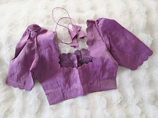 Soft Tissue Purple Scalloped Neck Blouse with Elbow Sleeves