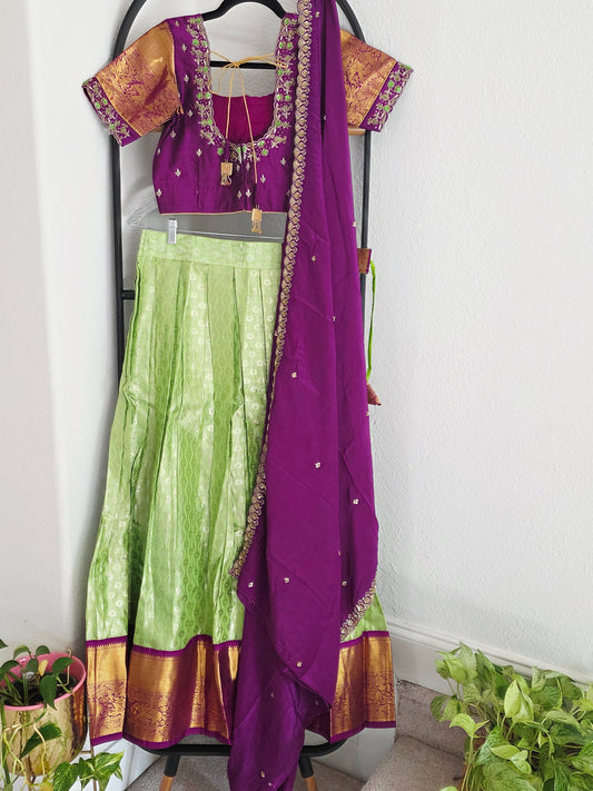Pure Kanchi Tissue Silk Langa Voni Set – Purple & Green | Zari Work | Size 34–40 | Festive Wear