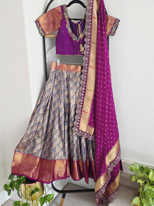 Semi Kanchi Silk Lehenga Set in Ivory & Purple with Zari Work | Junior Girls Half Saree | Age 11+