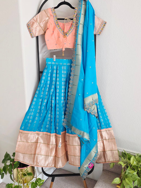 Pure Kanchi Soft Silk Lehenga Set in Turquoise Blue & Peach | Junior Girls Half Saree | Age 11+ | Ready to Wear