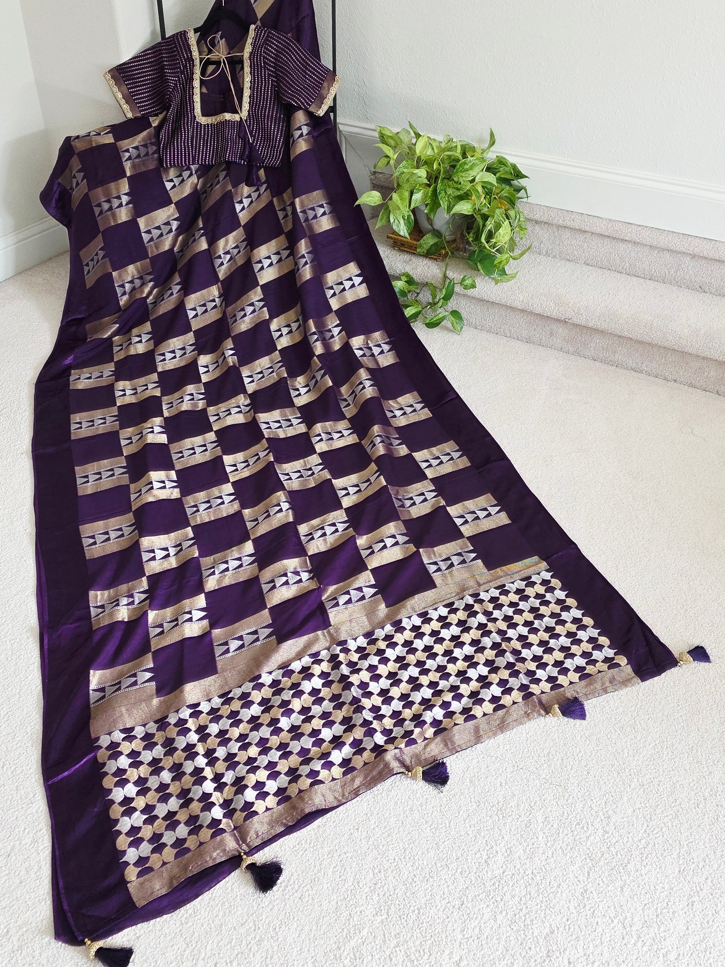 Russian Dola Crepe Silk Saree with Geometric Zari Woven Design & Ready Stitched Blouse | Royal Purple