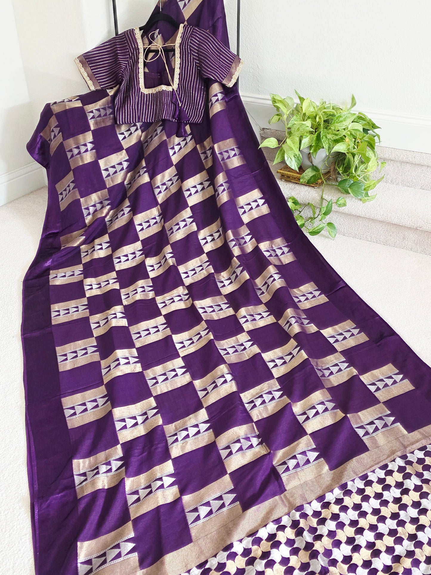 Russian Dola Crepe Silk Saree with Geometric Zari Woven Design & Ready Stitched Blouse | Royal Purple