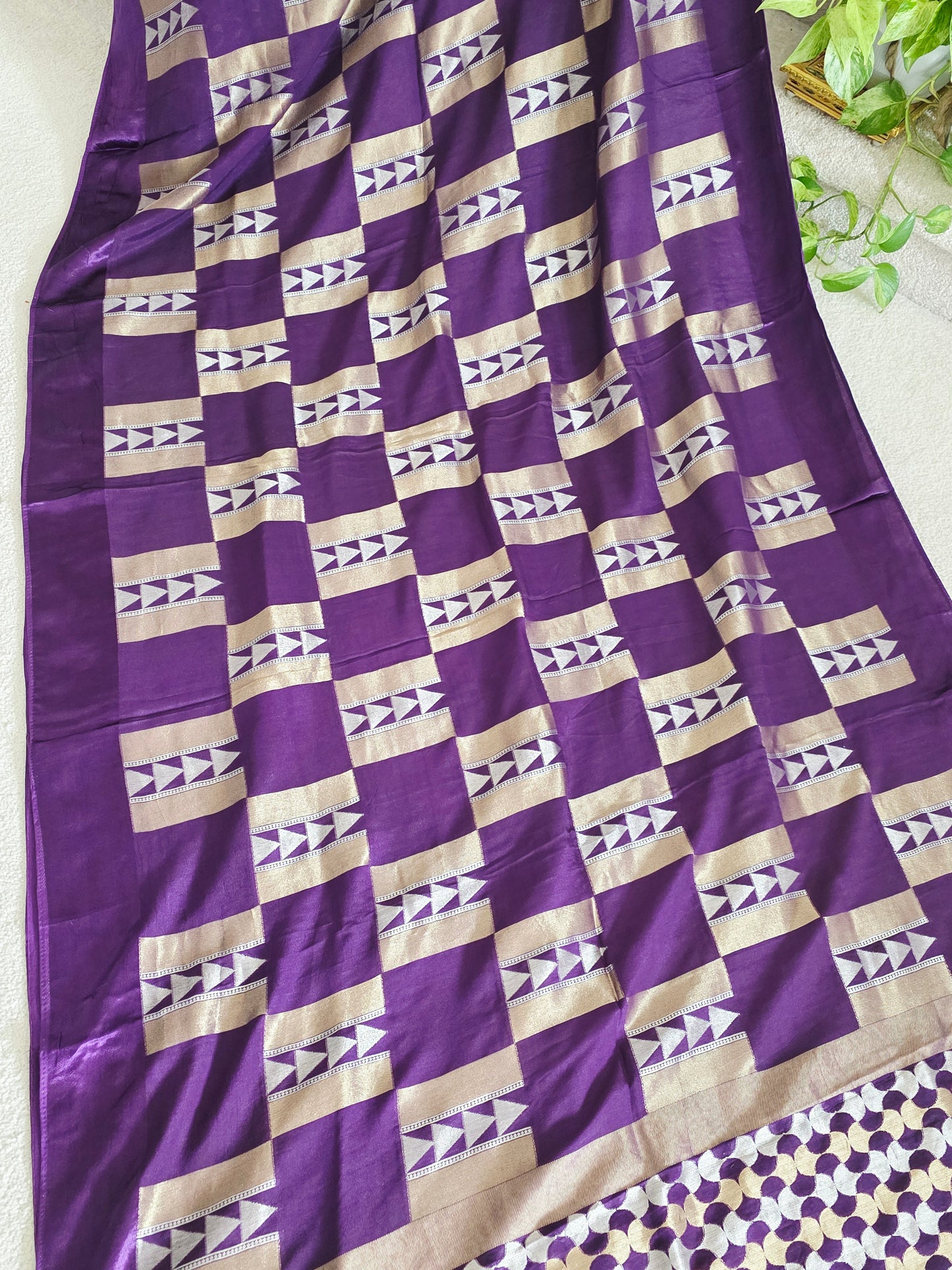 Russian Dola Crepe Silk Saree with Geometric Zari Woven Design & Ready Stitched Blouse | Royal Purple