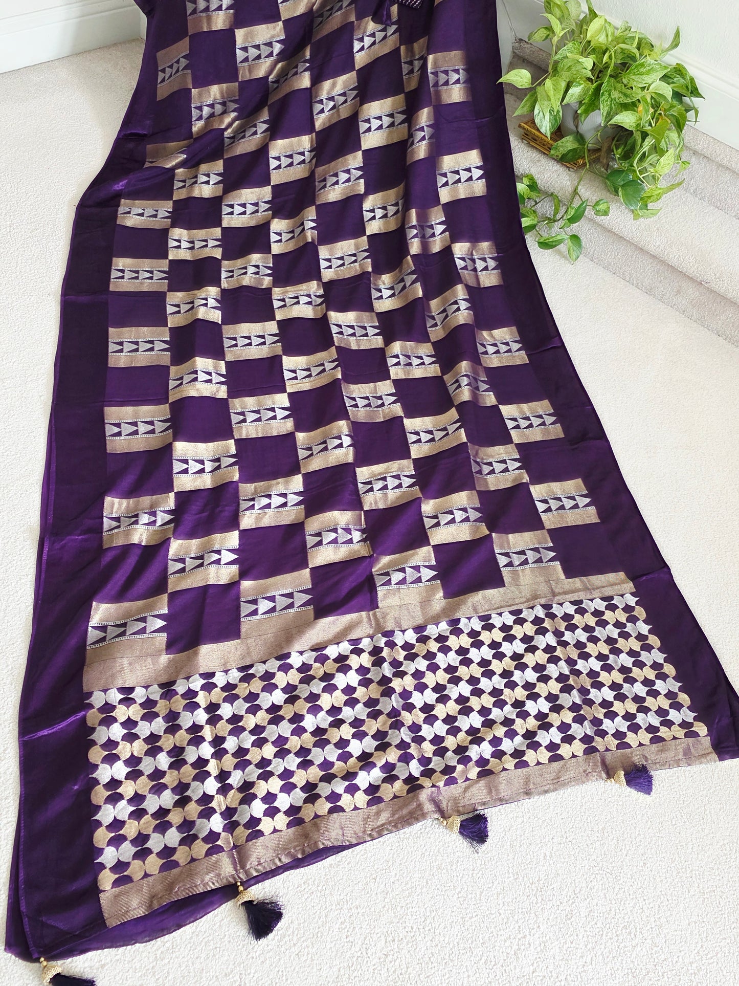 Russian Dola Crepe Silk Saree with Geometric Zari Woven Design & Ready Stitched Blouse | Royal Purple