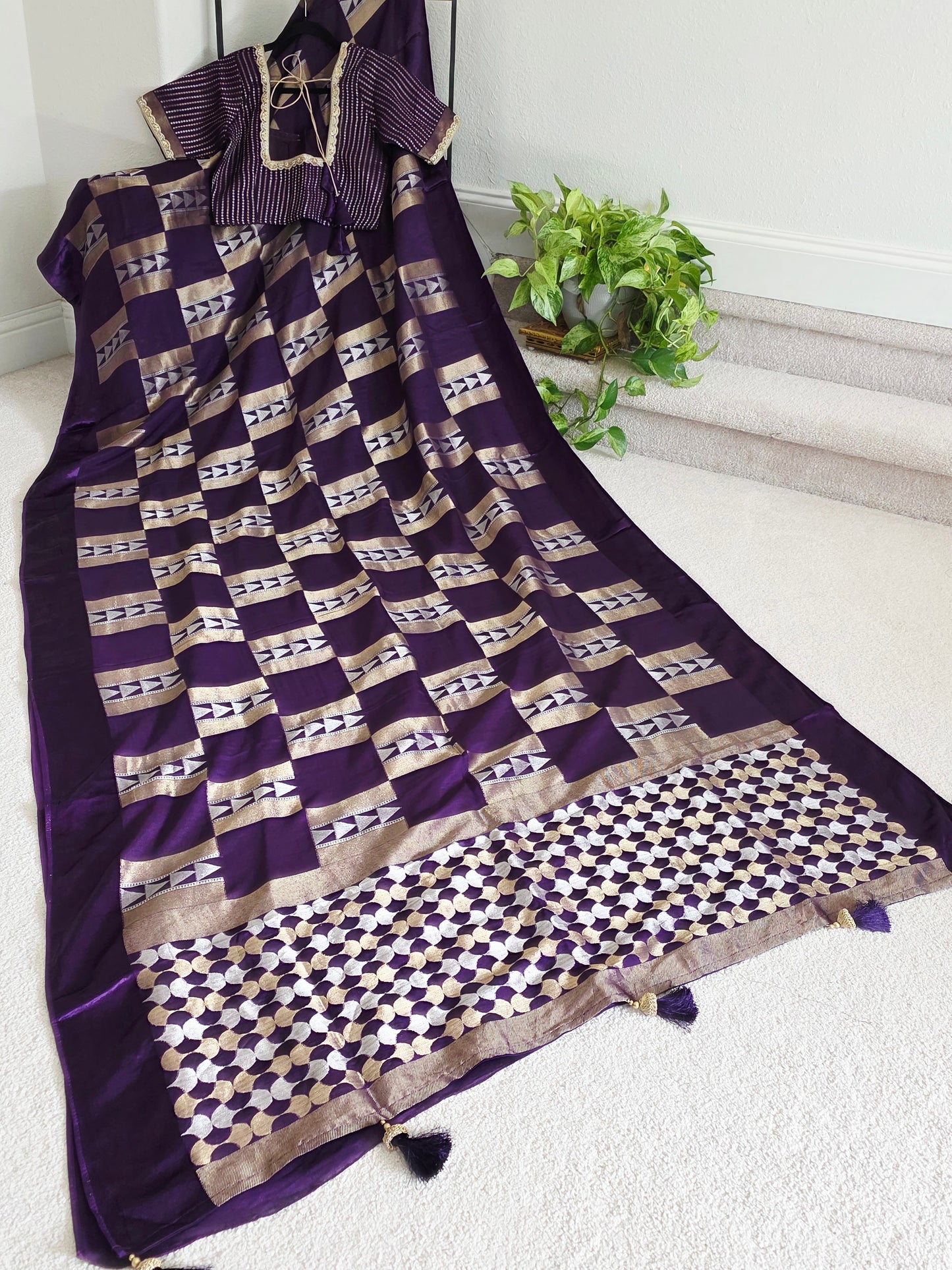 Russian Dola Crepe Silk Saree with Geometric Zari Woven Design & Ready Stitched Blouse | Royal Purple