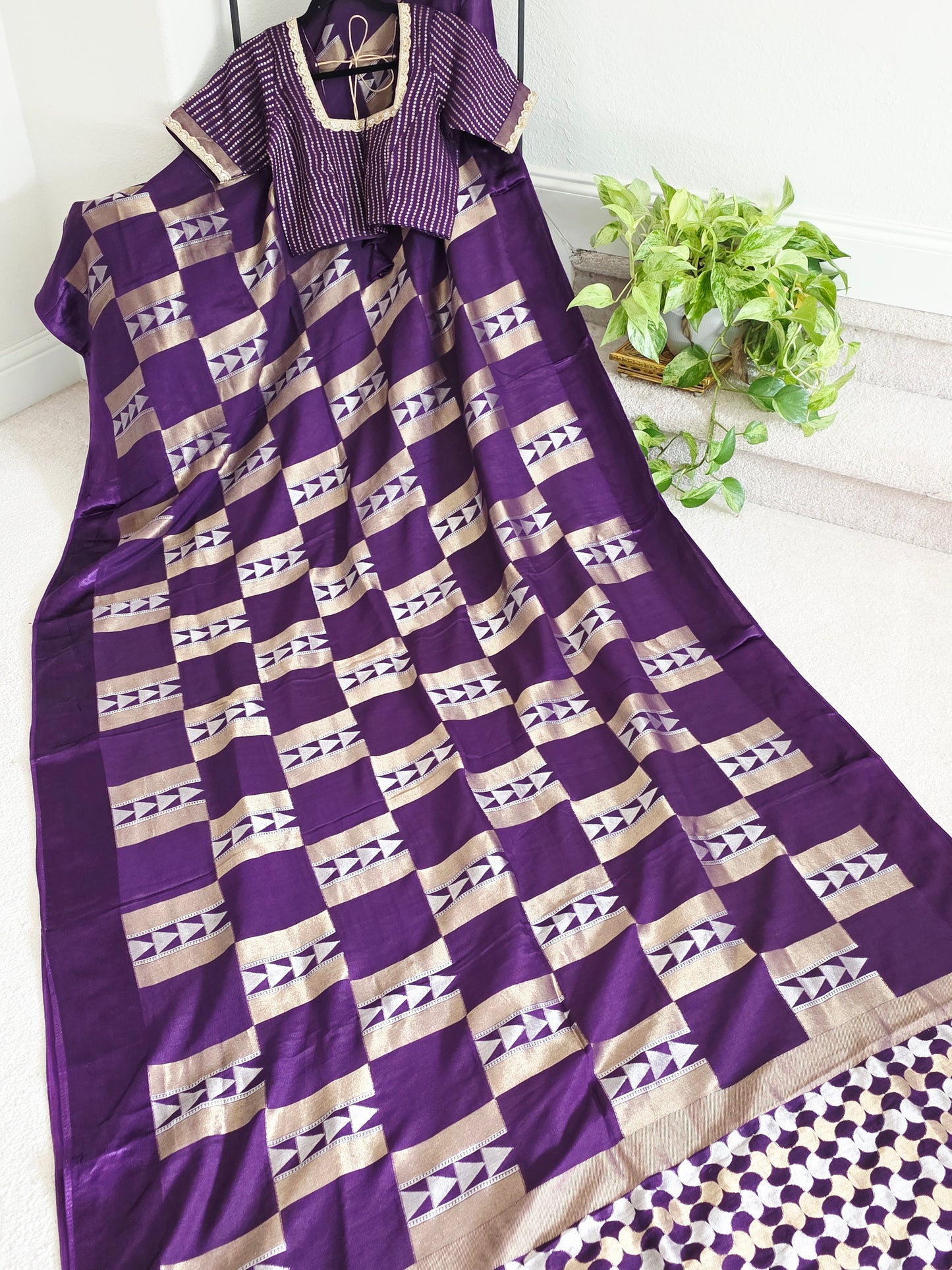 Russian Dola Crepe Silk Saree with Geometric Zari Woven Design & Ready Stitched Blouse | Royal Purple