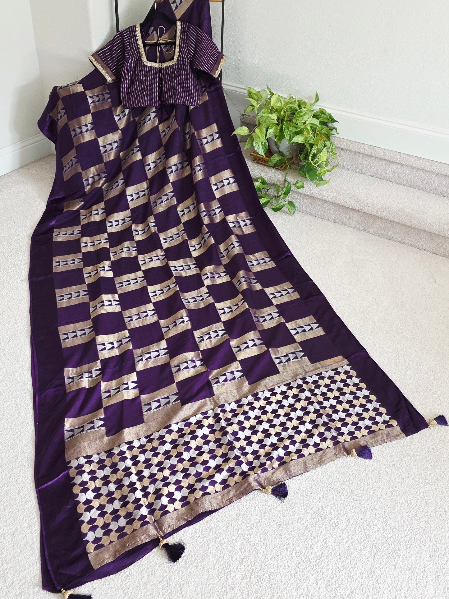 Russian Dola Crepe Silk Saree with Geometric Zari Woven Design & Ready Stitched Blouse | Royal Purple