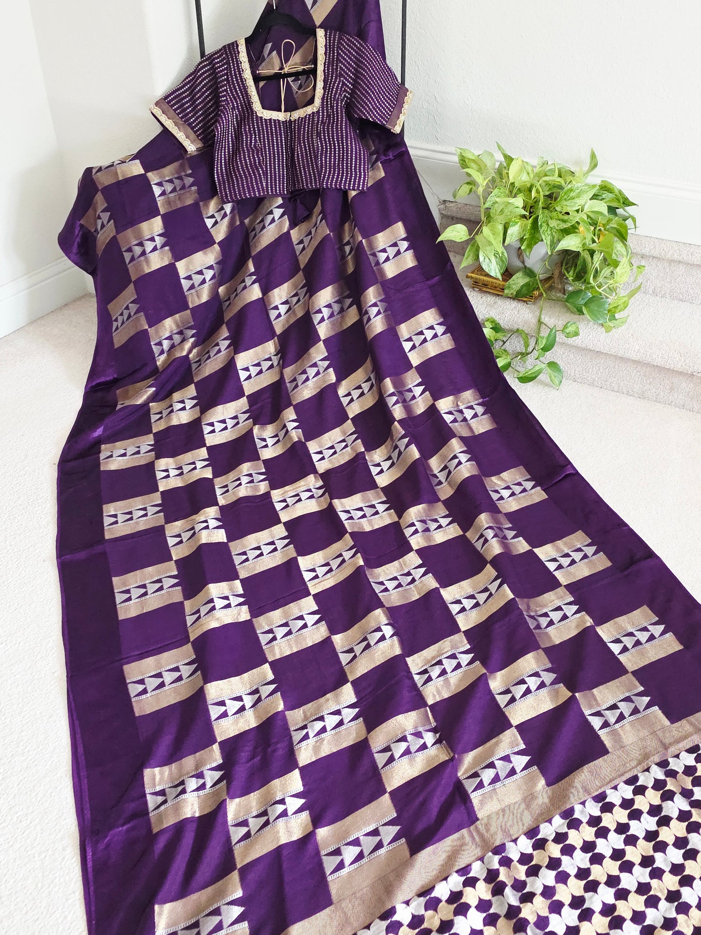 Russian Dola Crepe Silk Saree with Geometric Zari Woven Design & Ready Stitched Blouse | Royal Purple