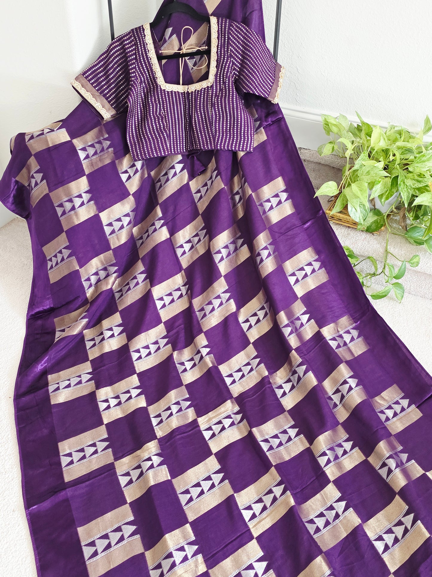 Russian Dola Crepe Silk Saree with Geometric Zari Woven Design & Ready Stitched Blouse | Royal Purple
