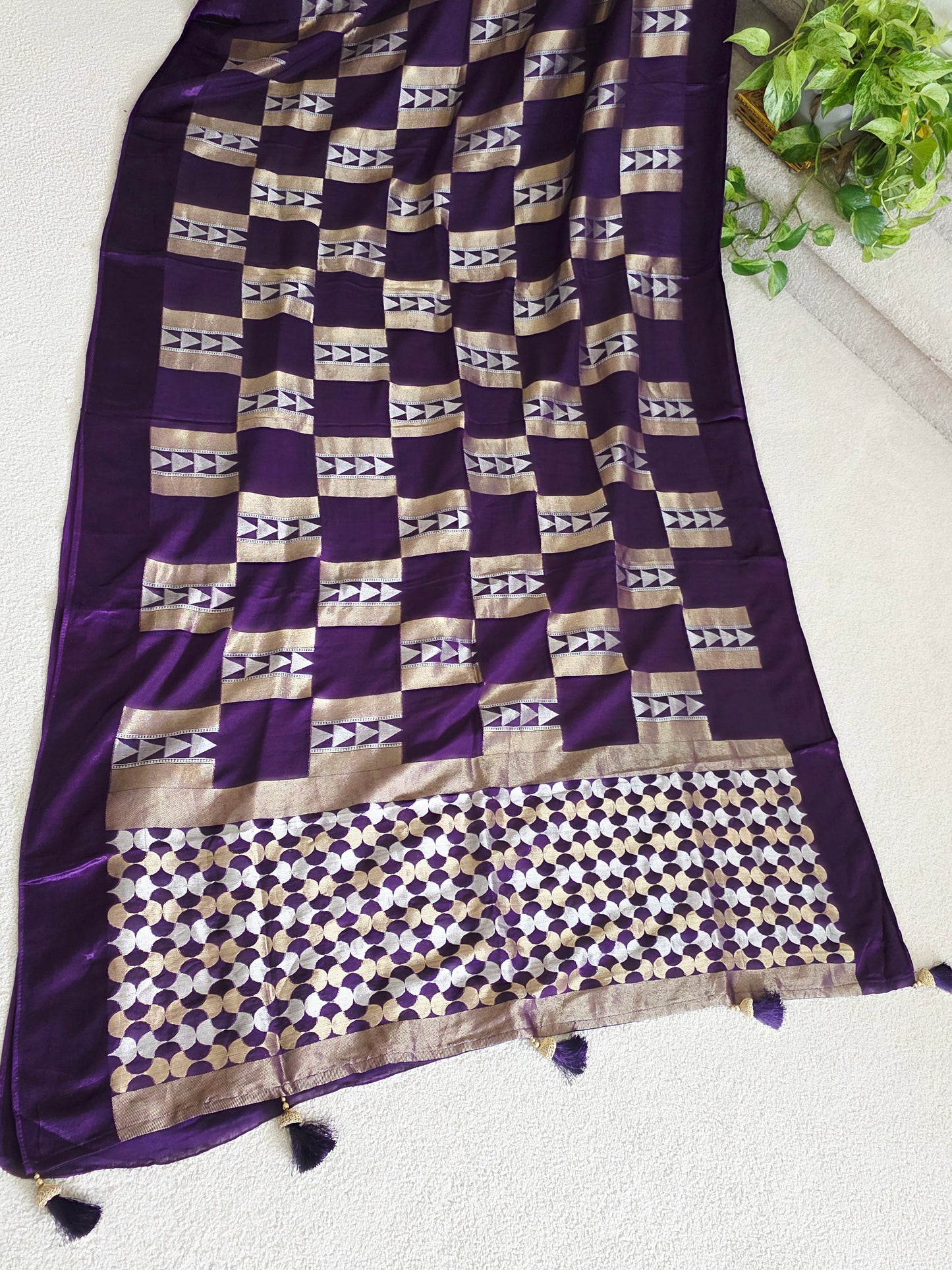 Russian Dola Crepe Silk Saree with Geometric Zari Woven Design & Ready Stitched Blouse | Royal Purple