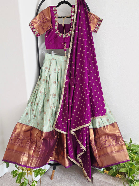 Semi Kanchi Silk Lehenga for Adults | Mint Green & Magenta | Half Saree Function