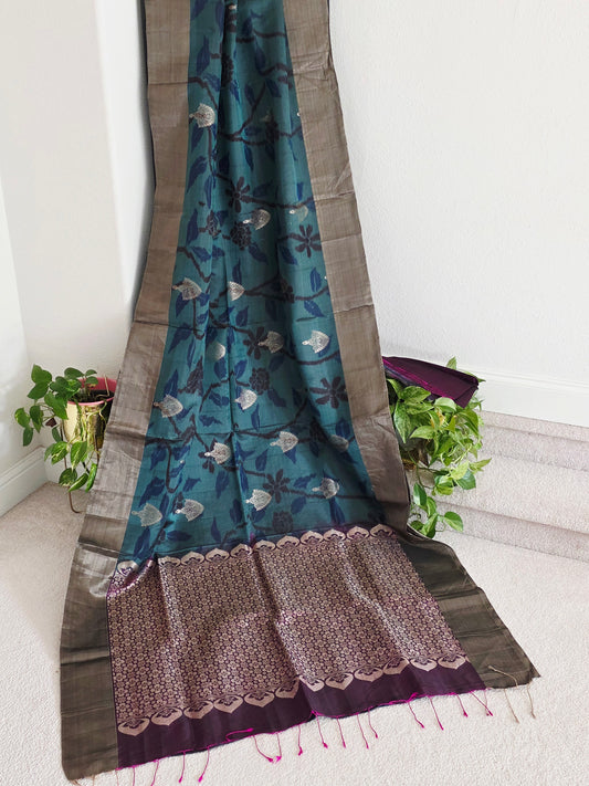 Peacock Teal Blue Semi Kanchi Ikat Pochampally Soft Silk Saree - Blouse Piece