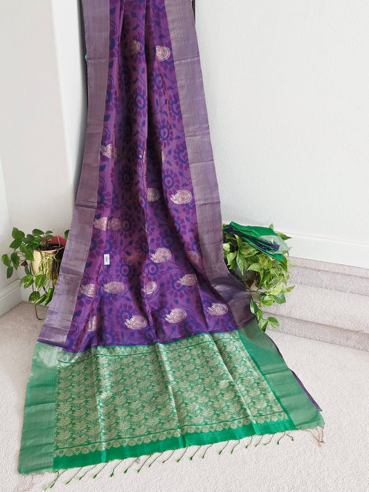 Royal Purple Semi Kanchi Ikat Pochampally Print Soft Silk Saree with Emerald Green Border