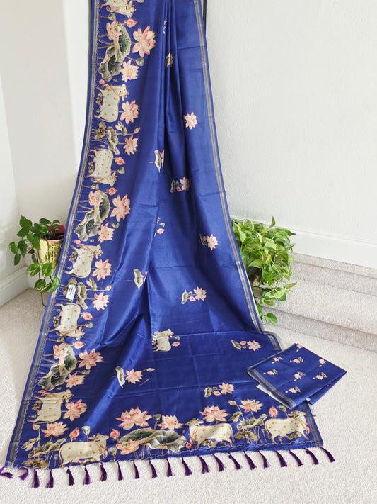 Semi Tussar Silk Saree with Pichwai Motif Print & Zari Border | Ready to Ship from USA