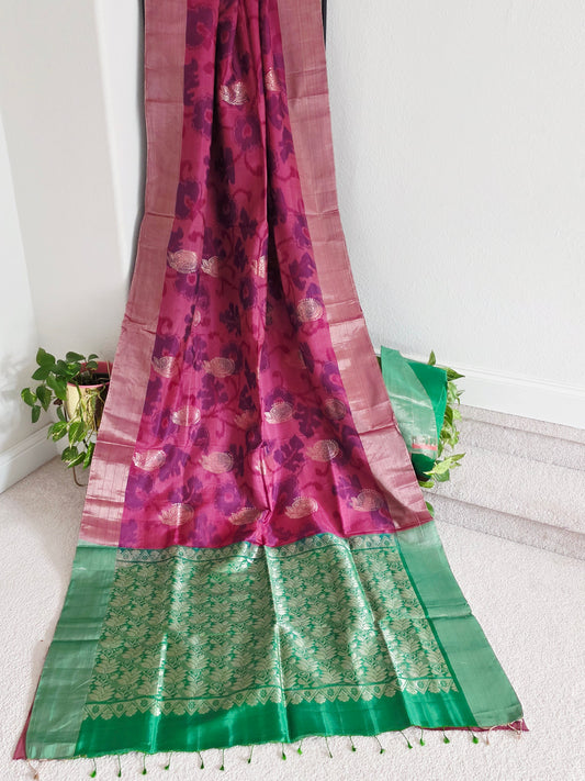 Raspberry Pink Semi Kanchi Ikat Pochampally Soft Silk Saree with Blouse Piece – Ready to Wear