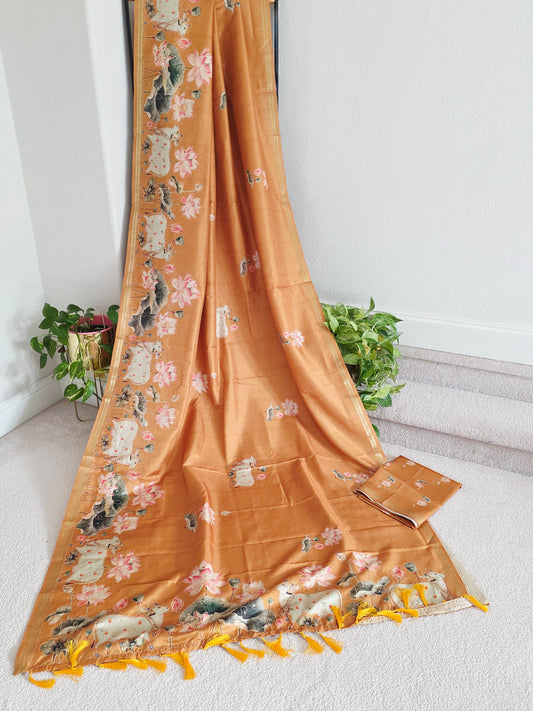 Mustard Yellow Semi Tussar Silk Saree with Pichwai Motif Print & Zari Border