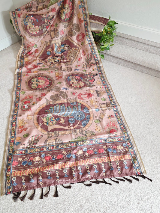 Kalamkari Print Outline Embroidery Lightweight Semi Tussar Silk Saree