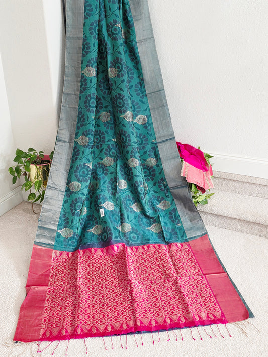 Peacock Teal Green Semi Kanchi Ikat Pochampally Print Soft Silk Saree with Rani Pink Border