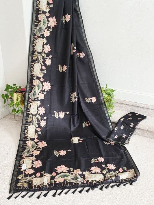 Semi Tussar Silk Saree with Pichwai Motif Print & Zari Border | Ready to Ship from USA