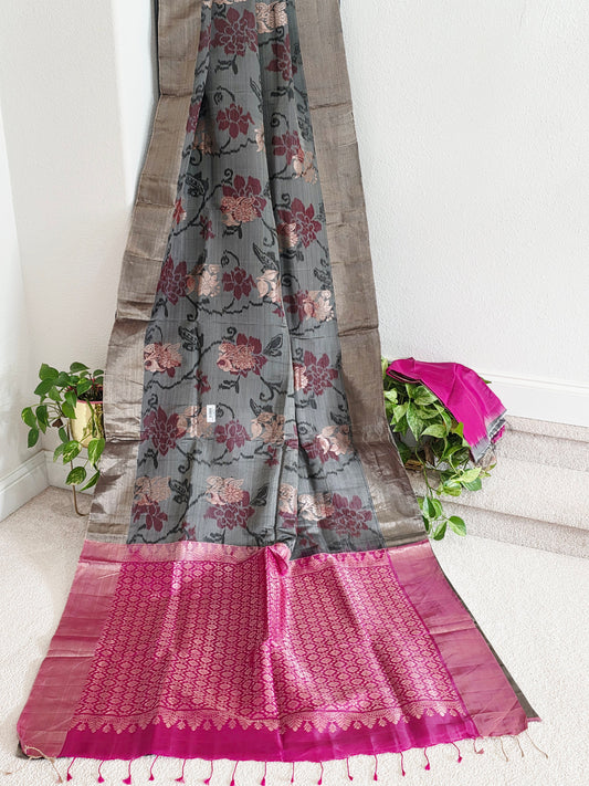 Smoky Grey Semi Kanchi Ikat Pochampally Print Soft Silk Saree with Rani Pink Border